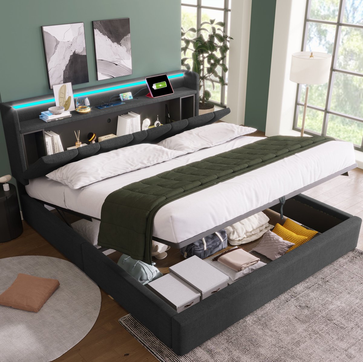 WUVRIE Gestoffeerd tweepersoonsbed 140x200 cm met LED, USB, Type-C en opbergruimte, grijs