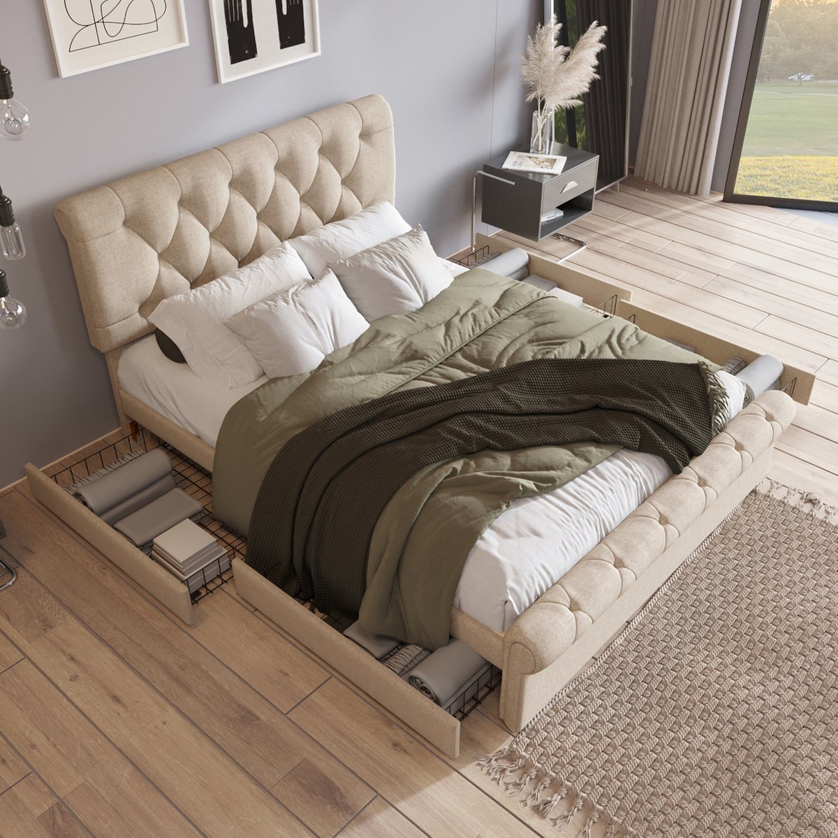 WUVRIE Gestoffeerd tweepersoonsbed 140x200 cm met 4 lades en verstelbaar hoofdbord, naturel