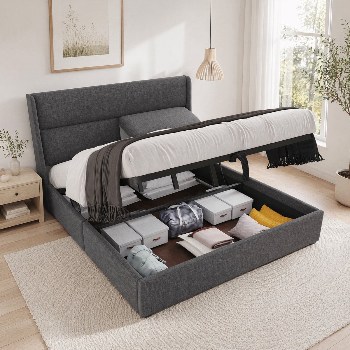 WUVRIE Gestoffeerd opbergbed 160x200 cm met verstelbare hoofdsteun en metalen lattenbodem, grijs