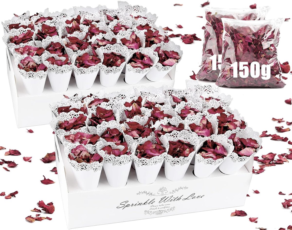 Confetti voor bruiloft - 60 cone papier met 300 g rozenblaadjes - natuurlijke gedroogde bloemen - ShopVlot