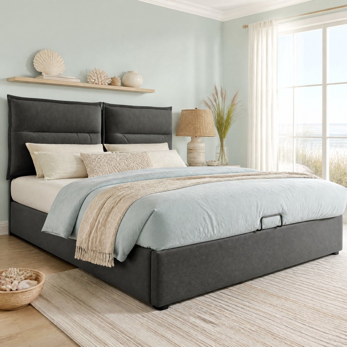 WUVRIE Gestoffeerd opbergbed 140x200 cm met verstelbaar hoofdeinde en lattenbodem, grijs