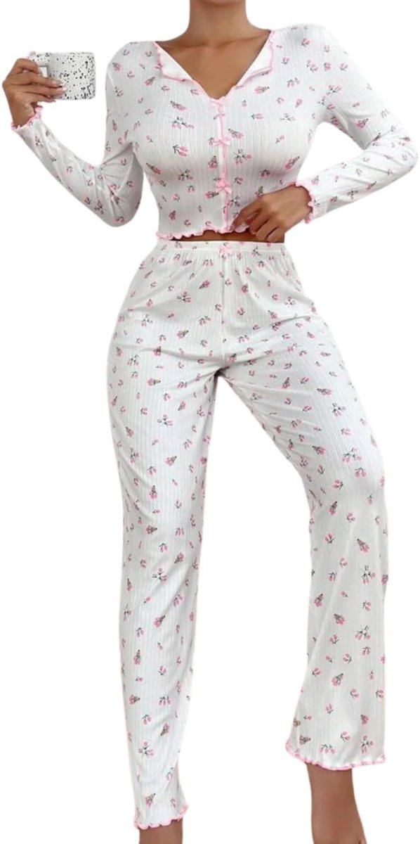 Pyjama set dames pyjama tweedelig vrouwen loungewear PJs Homewear lange mouwen bovendeel en lange broek huispak omslagkraag thuis casual wit zwart