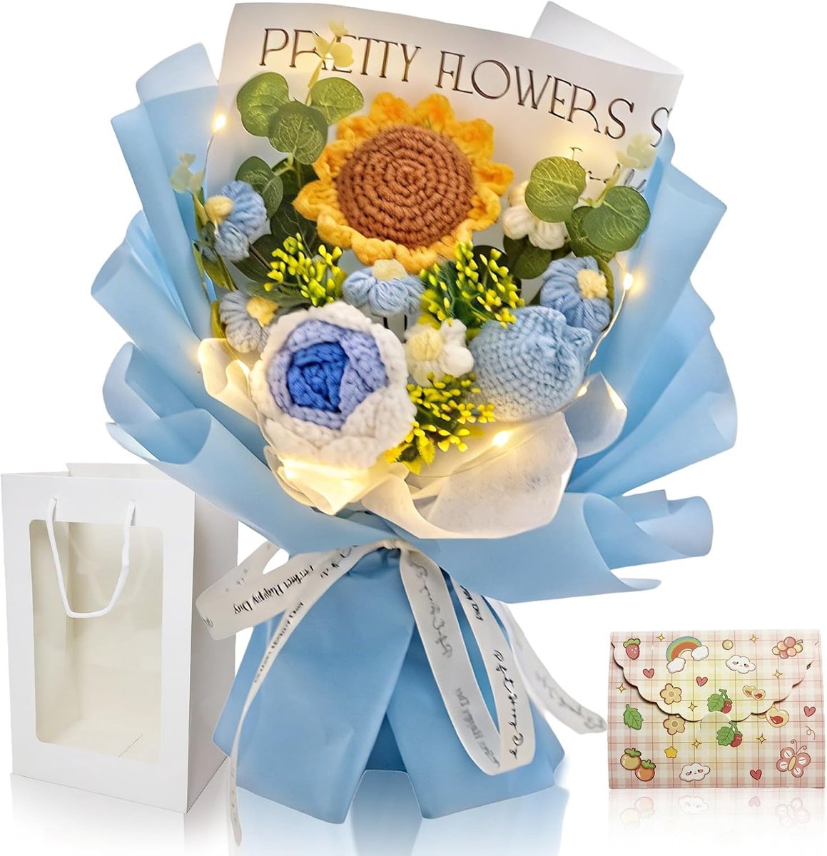 Bloemen, gebreide zonnebloem gehaakte bloem boeket cadeau voor vrouw, moeder; handgemaakte bloemboeketten voor woondecoratie, afstudeerboeketten, verjaardagen, Moederdag en