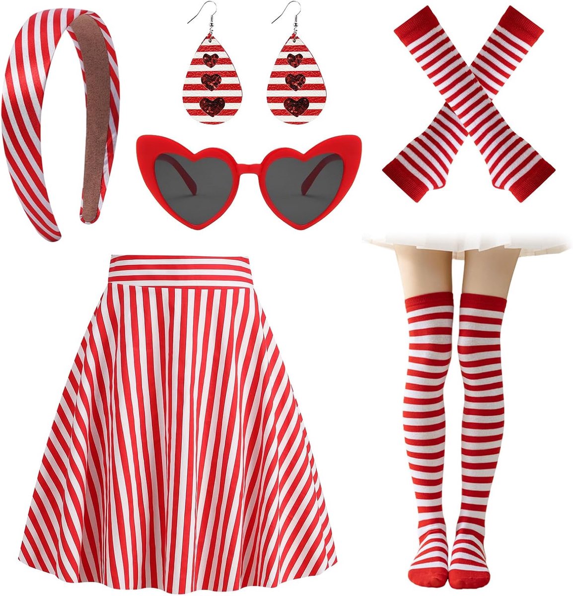 Wit gestreept kostuum, rockabilly-rockset voor dames, bevat plooirok met hoge taille, haarband, oorbellen, handschoenen, kousen, hartbril voor carnaval, dans, themafeest