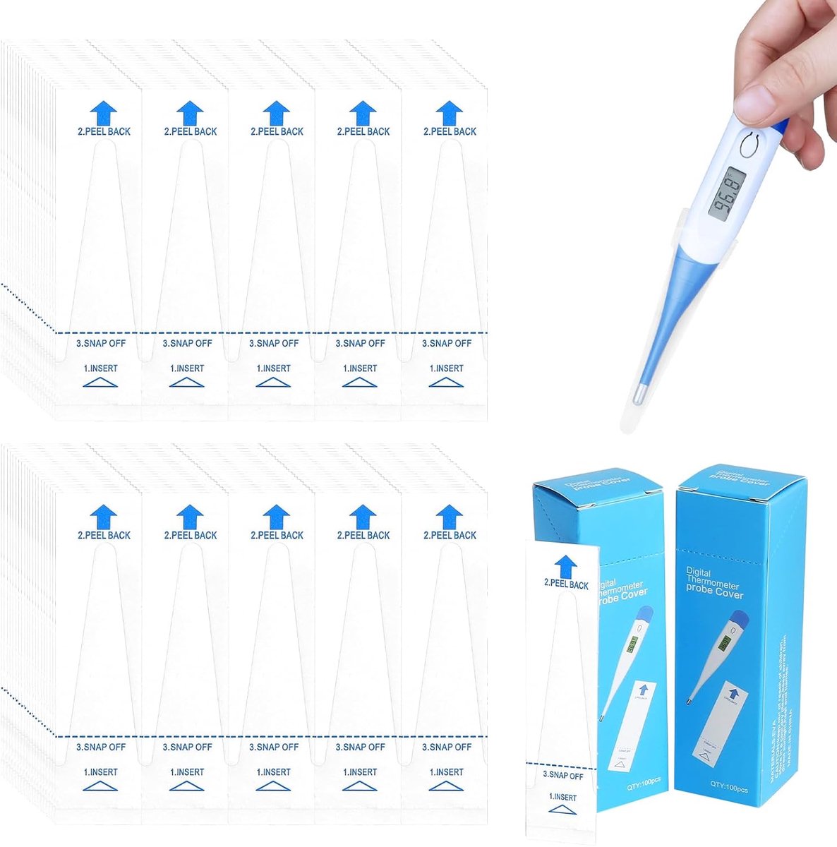 200 stuks thermometerhoezen, hygiënische hoezen, koortsthermometer, wegwerp afzonderlijk verpakt, universeel voor volwassenen, baby's en kinderen