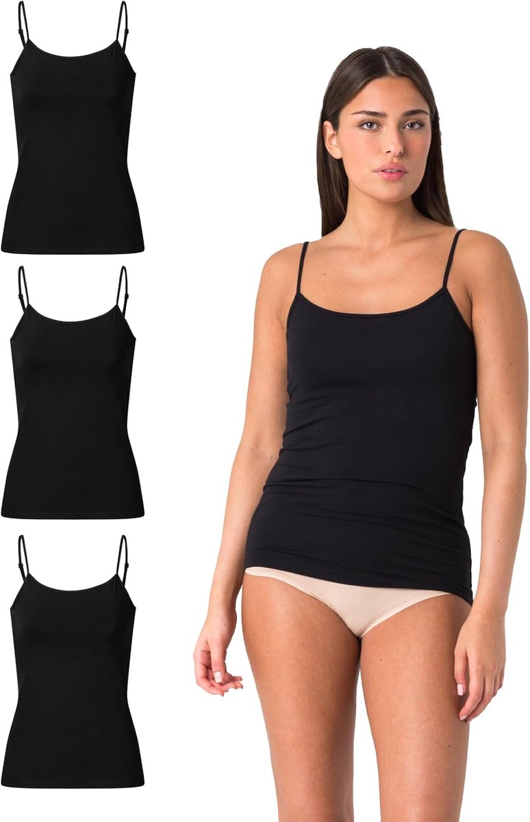 Onderhemden voor dames, verpakking van 3 stuks, spaghetti top - tanktop met verstelbare bandjes van 95% katoen, stretch tanktop