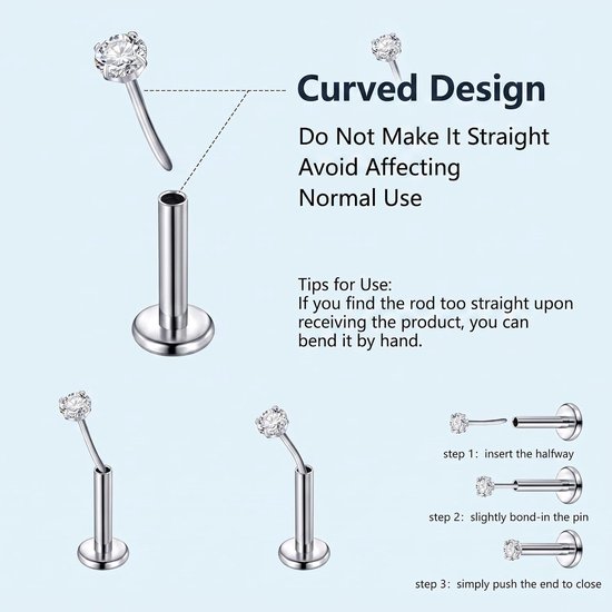 Studs Clicker Neus Ring Push Pin Platte Terug Labret Oorbellen Bal CZ Tragus Helix Kraakbeen Lip Piercing Sieraden 6/8/10MM met Grabber Tool Zilver Goud — afbeelding 2