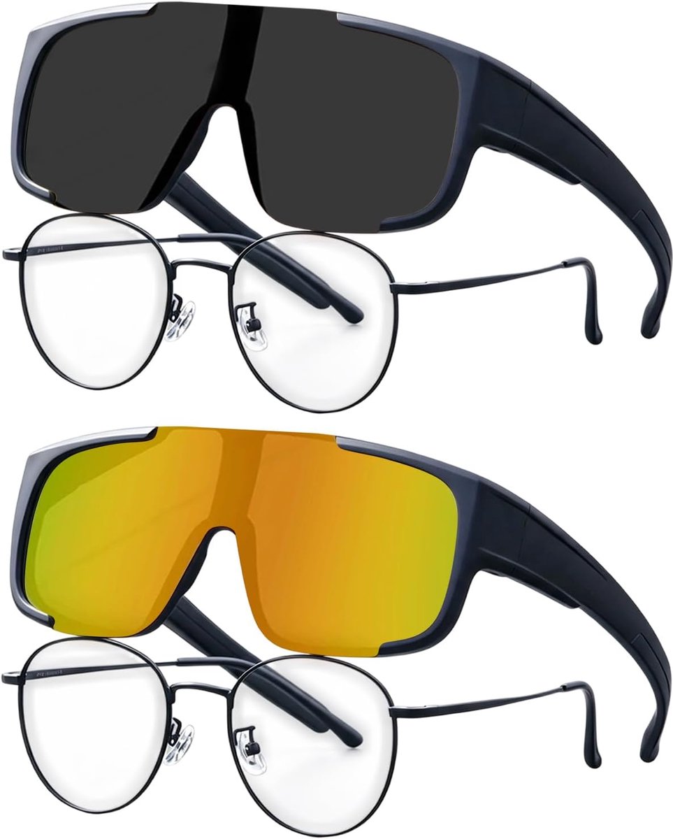 2 stuks fietsbril, overbril, zonnebril over normale bril, sportbril voor brildragers, uv-bescherming, ultralichte bril, geschikt voor golfen, autorijden, vissen en fietsen