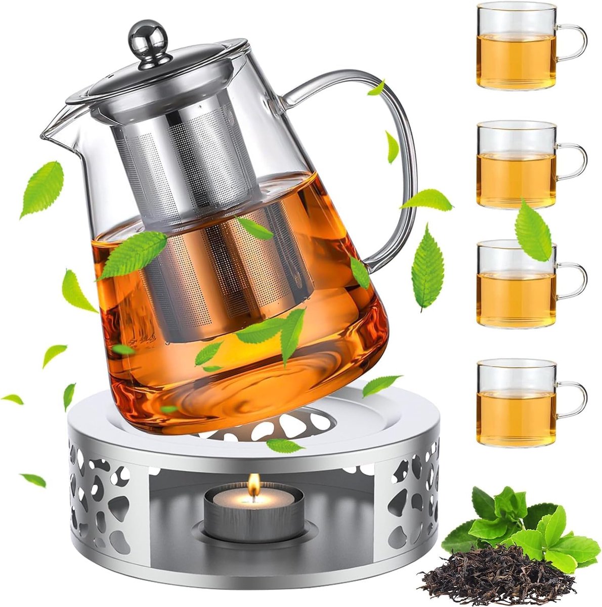 Theepot met stoofje, 1300 ml, glazen theepot met roestvrijstalen zeefinzet en 4 theekopjes van glas, hittebestendige koffiepotten, borosilicaatglas, theemaker voor losse thee, vruchtenthee en