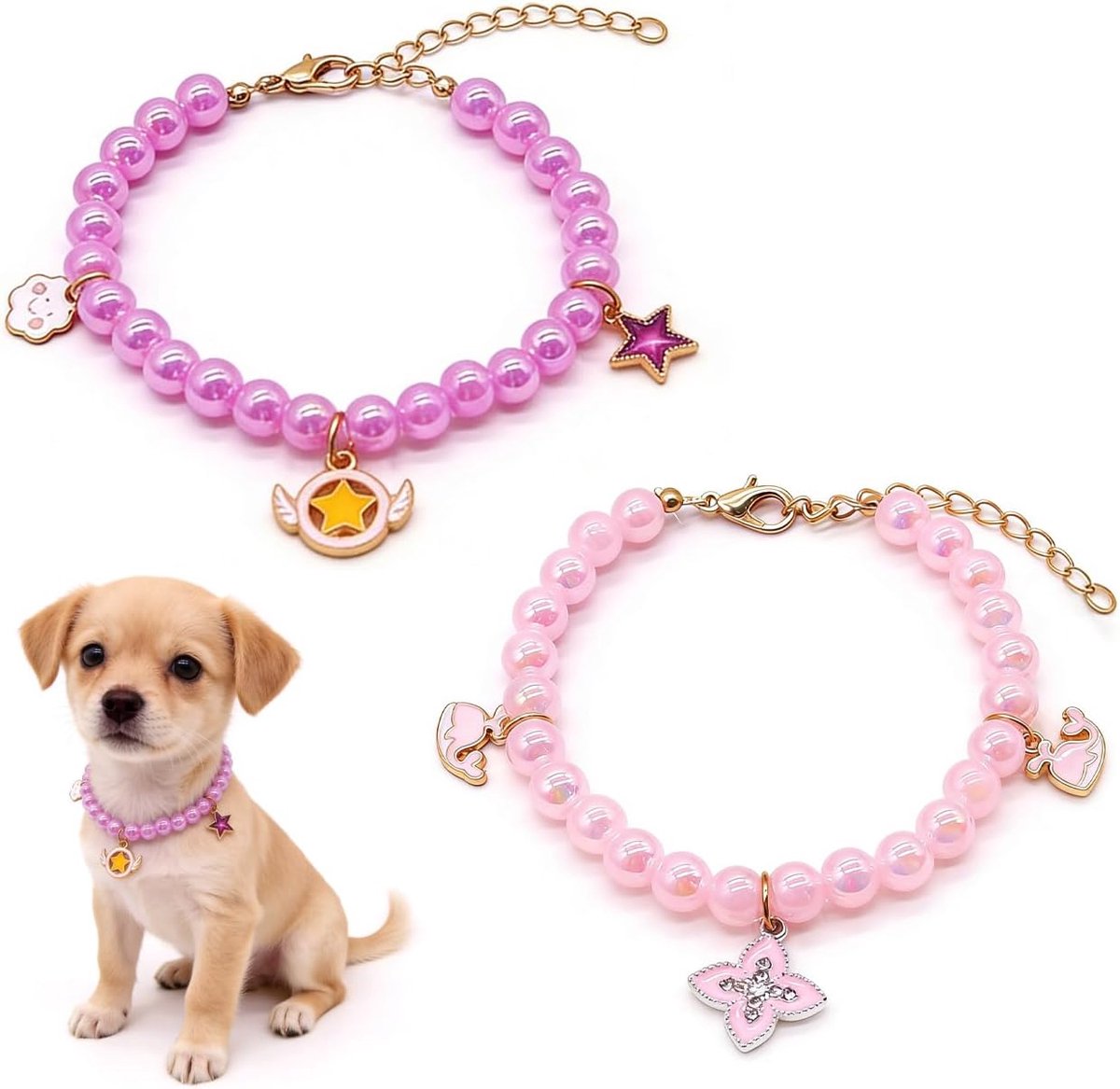 2 stuks verstelbare parel kat halsband roze paarse parel huisdier halsband huisdier ketting bling parels voor kleine huisdieren dagelijks dragen feest foto (S)