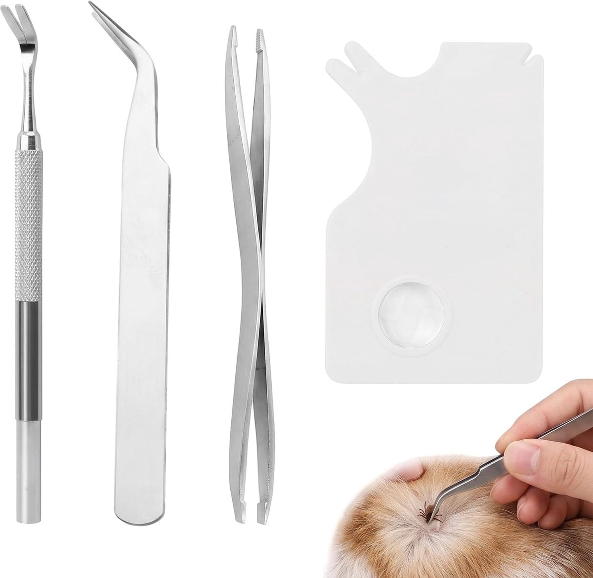 Tekenverwijderaar van roestvrij staal, 3 stuks, met vergrootglas voor honden, katten en mensen, effectieve en veilige anti-tekenset voor nauwkeurige verwijdering van parasieten, ideaal voor wandelen