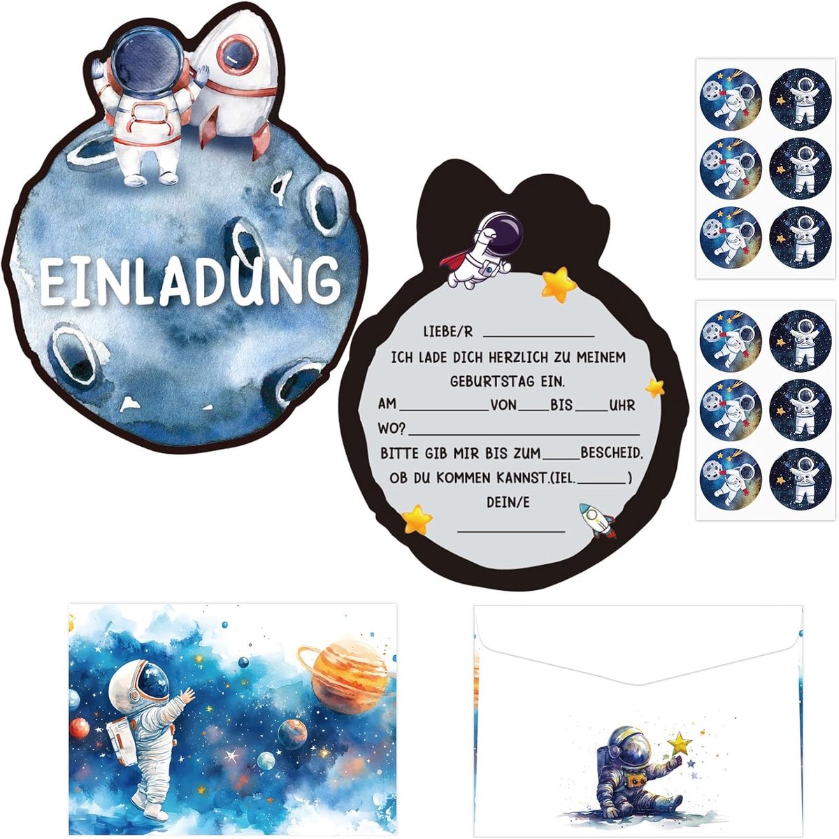Uitnodigingskaarten voor kinderverjaardag, set astronauten uitnodigingskaarten met enveloppen, stickers, astronaut kinderverjaardagsdecoratie, verjaardagsuitnodigingen voor