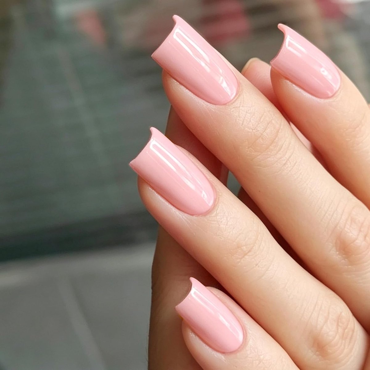 Kunstnagels, kort, vierkant, effen, lichtroze, roze, press-on nagels