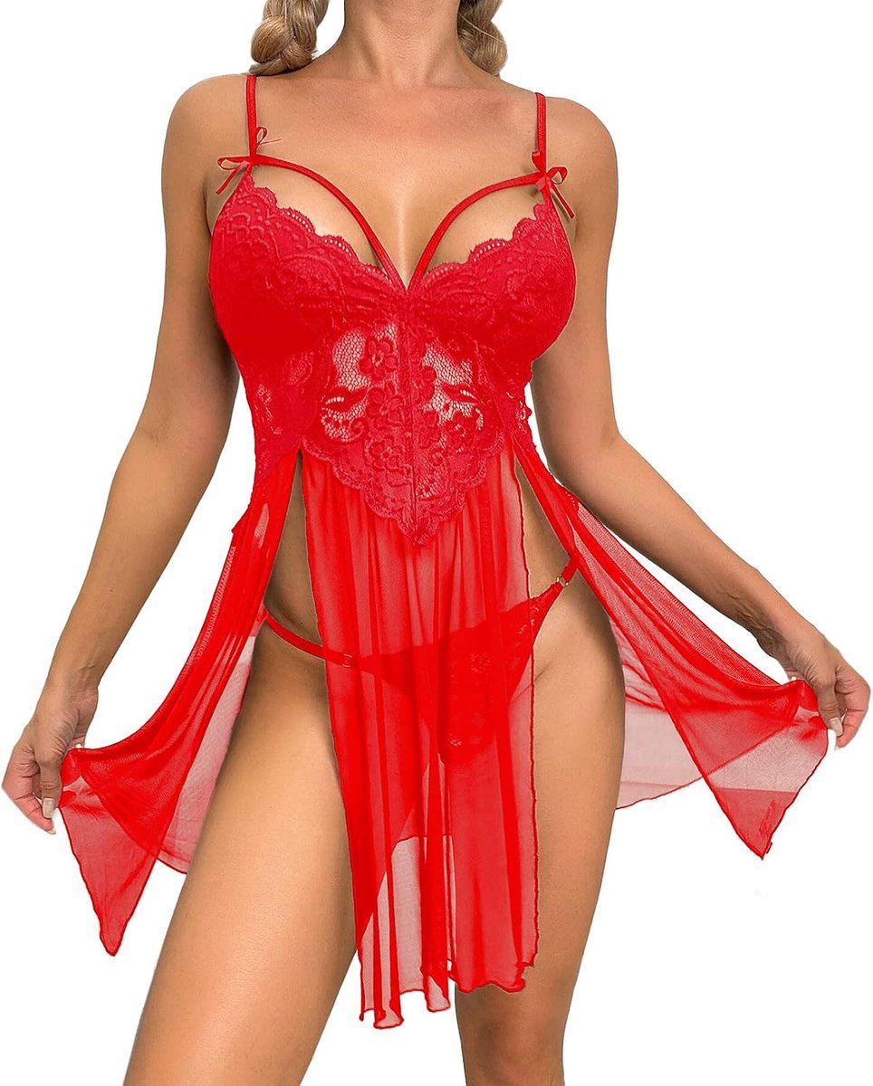 Sexy lingerieset voor dames, babydoll, kant, sluier, bordeaux, geschulpte zoom, lichte stof, getailleerd, verfijnd, zacht, nachtkleding, bruiloftsnacht, A267