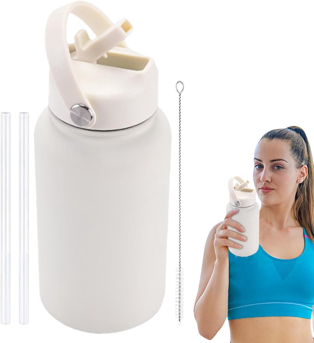 Waterfles, dubbelwandige waterfles met rietje en handvat
