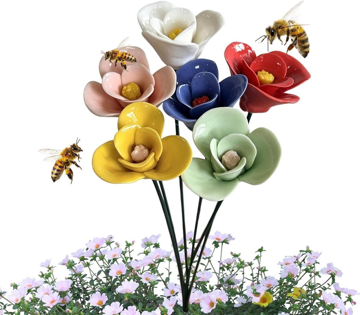 Waterschaal voor de tuin, 6 stuks, keramiek, met decoratie