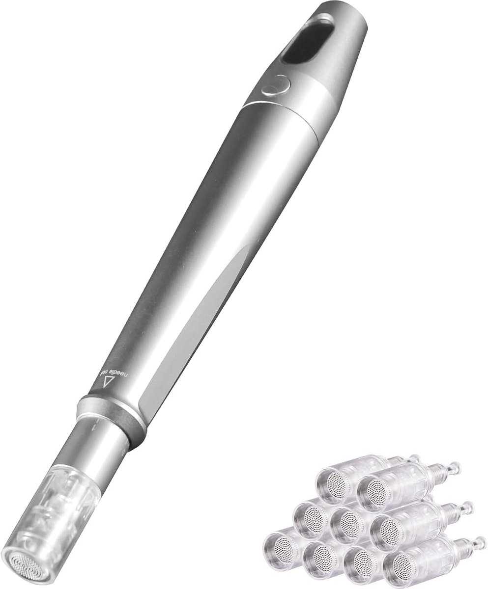 Pen Huidverzorging Derma Pen 5 Snelheden Microneedle Beauty Pen met LED-scherm voor gezicht poriën aanscherping en huidverjonging voor mannen vrouwen thuisgebruik - zilver