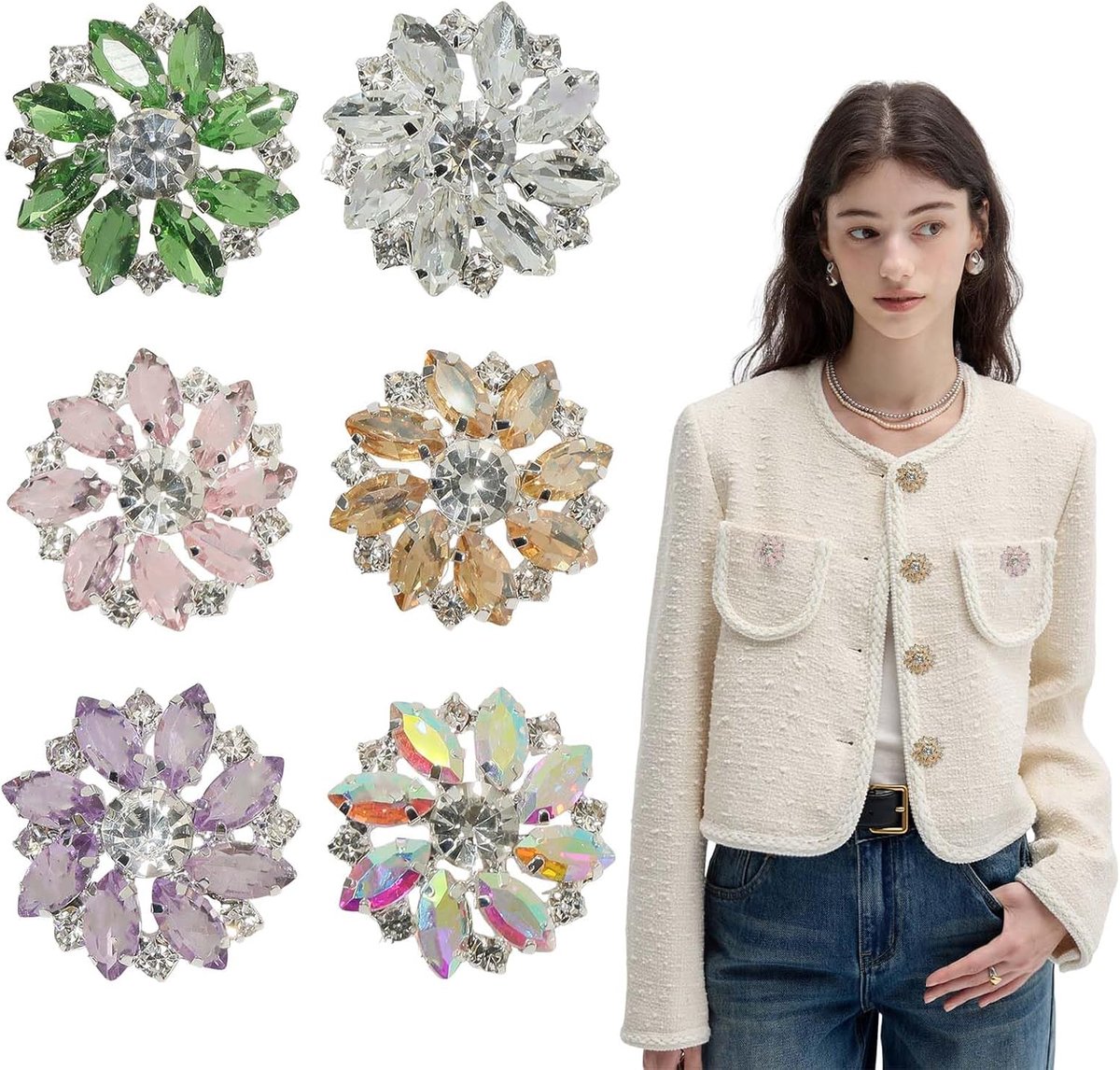 Knopen, kristallen bloemen, knoop met kristallen steelkleur, strass-knoop, decoratieve knopen van hars voor naaien en knutselen voor bruiloftsfeesten, 6 kleuren