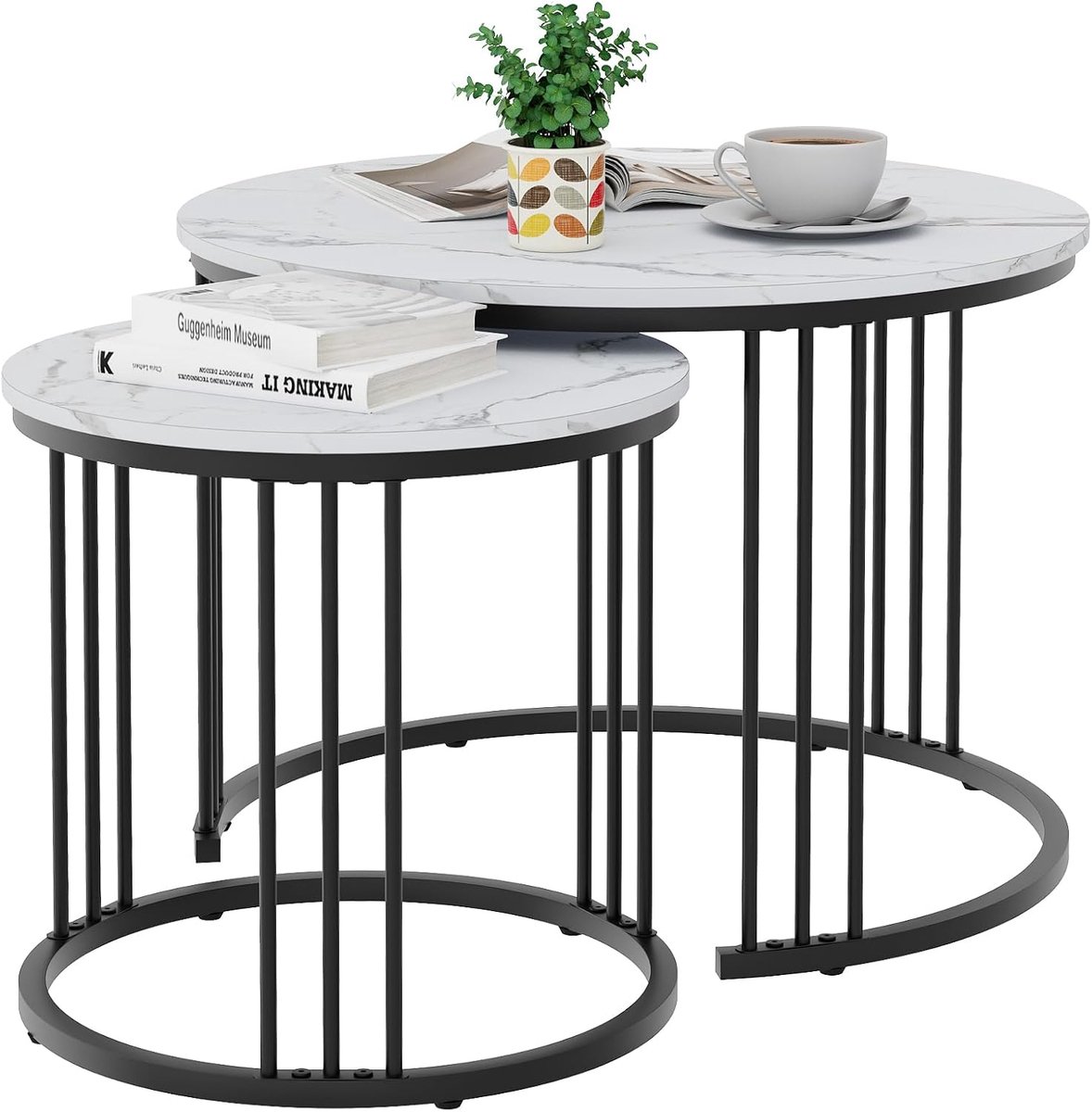 Set van 2 ronde houten salontafels, bijzettafel, voor woonkamer, slaapkamer, kantoor, balkon, zwart metalen frame en wit marmerblad
