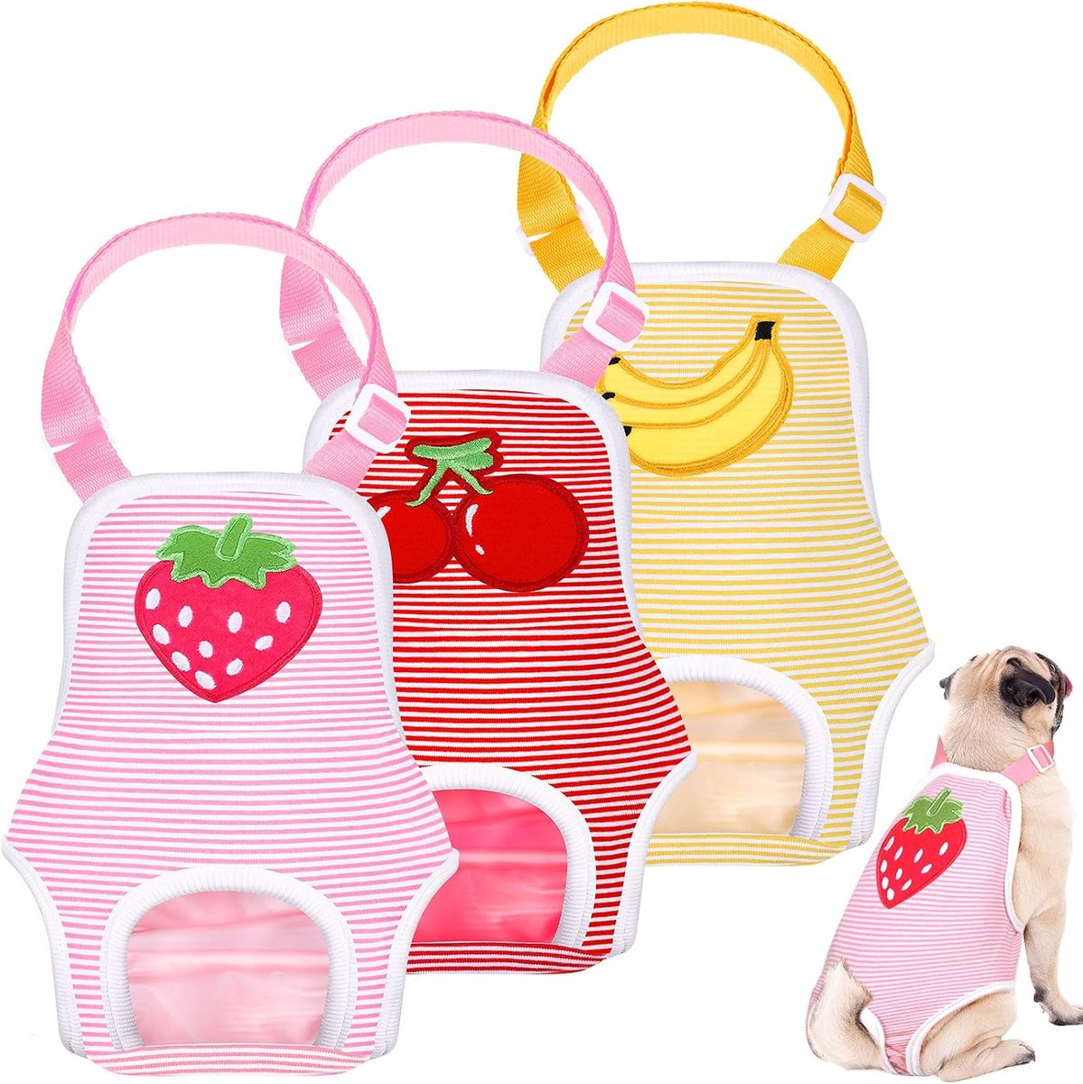3 stuks hondenluier gestreept maandverband met verstelbare jarretel wasbaar herbruikbaar puppy-maandverband schattig huisdierondergoed luier jumpsuits voor vrouwelijke honden (fruitpatroon, M)