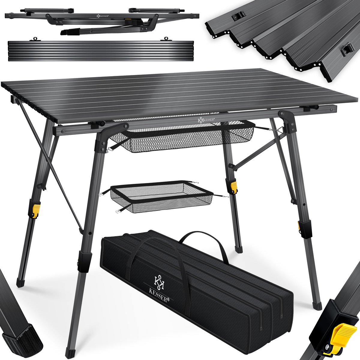 KESSER® Campingtafel opvouwbaar - aluminium frame, oprolbaar blad, in hoogte verstelbaar - 90x53 cm - antraciet