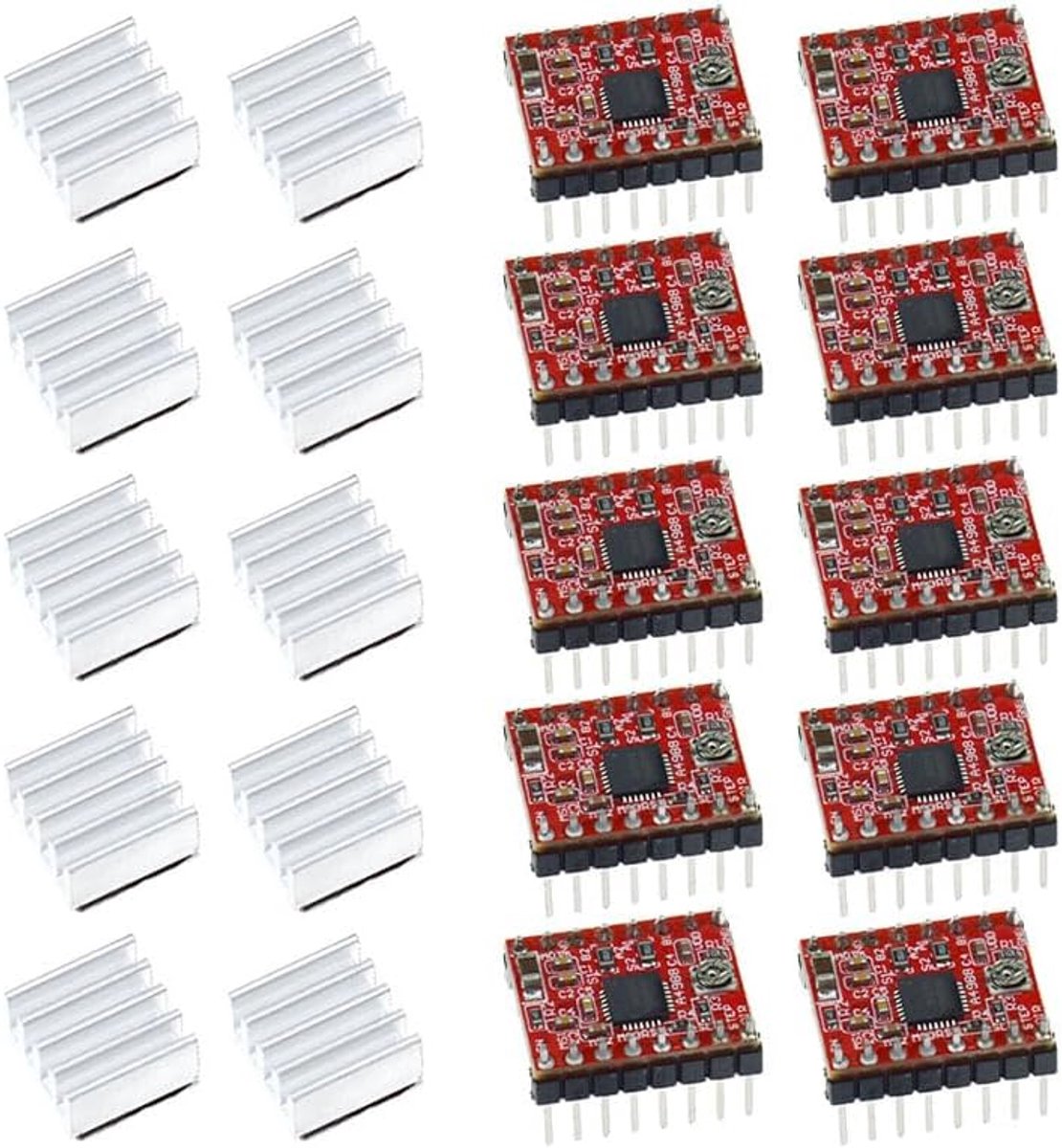 10 stuks A4988 DRV8825 stappenmotor driver met warmtezinking (A4988 rood)