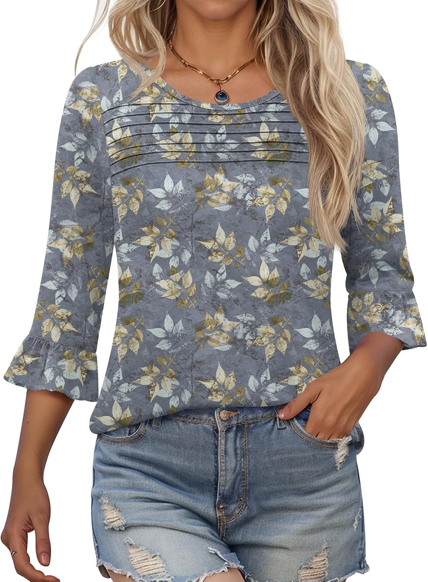 Dames 3/4 mouw Tops 2026 Zomer Tuniek Shirts Casual Dressy Ronde Hals Top Gedrukt Geplooide Blouses