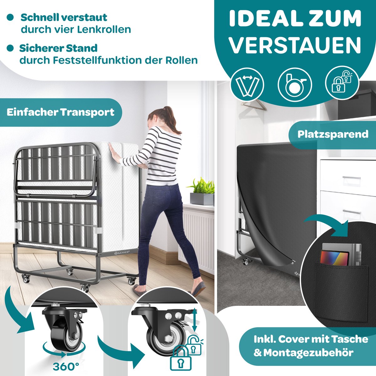 KESSER® Opklapbed 200 x 90 cm - Logeerbed met traagschuimmatras - Tot 250 kg - Wit Premium Komfort thumbnail 6