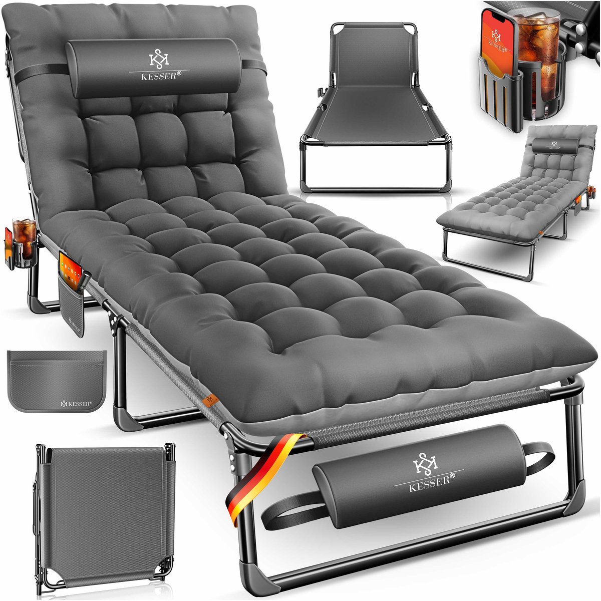 KESSER® Campingbed - Opvouwbaar veldbed met draagtas en nekkussen - 190 x 68 x 30 cm - tot 250 kg - Antraciet Grijs