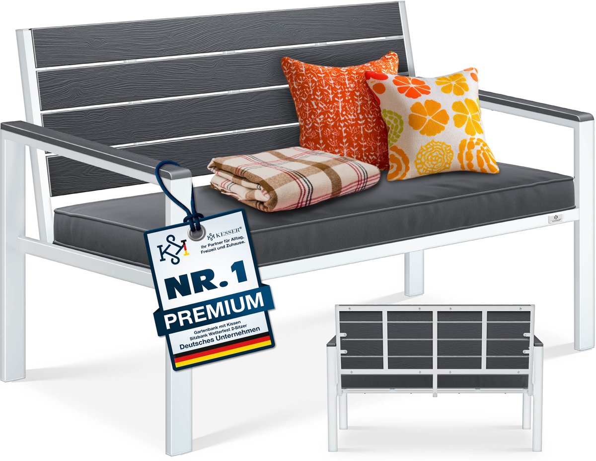 KESSER® Tuinbank met kussen - 2-zits parkbank in houtlook, tot 300 kg - 120 x 64 x 78 cm - antraciet/wit
