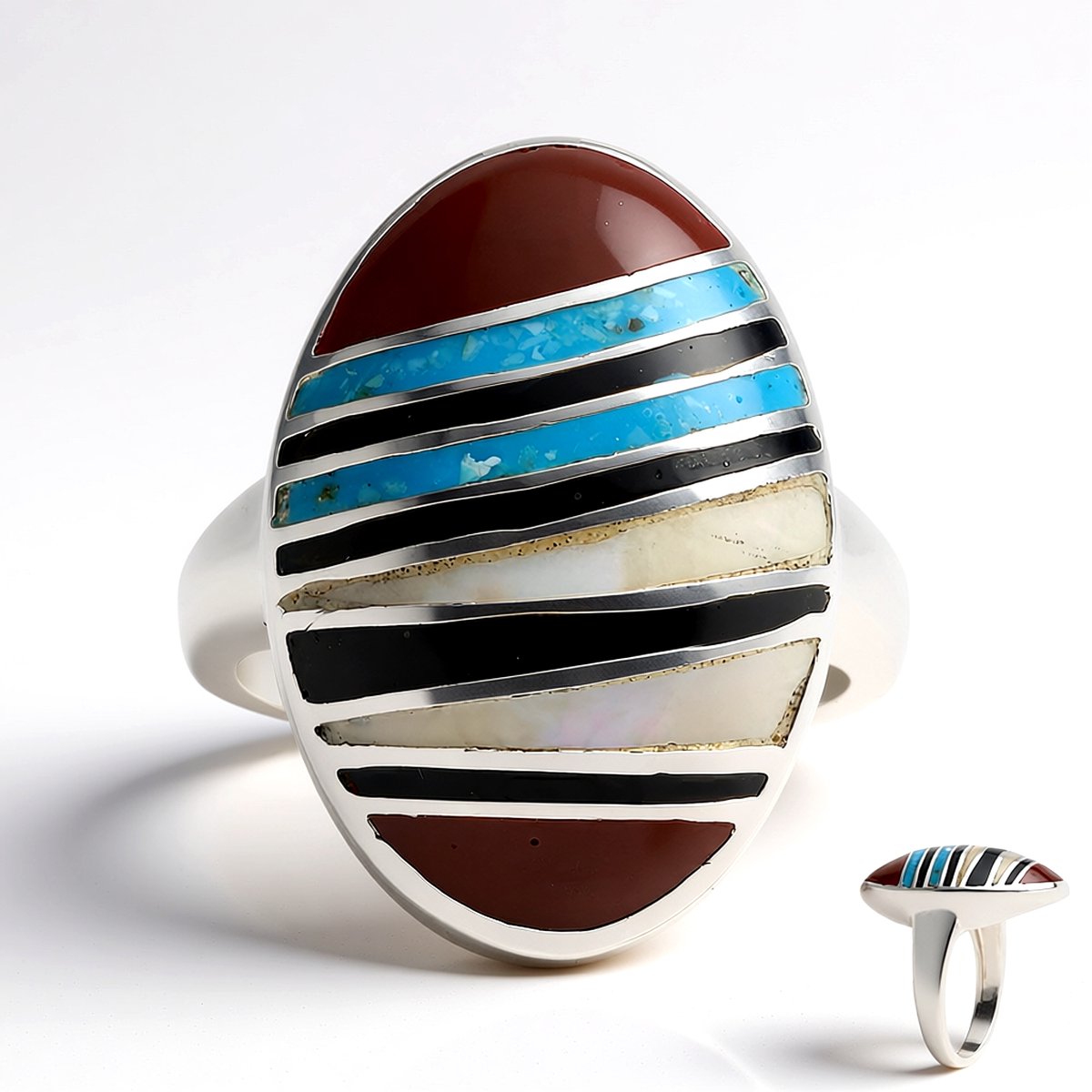Cavill - Handgemaakte Zilveren Ring met Blauwe Kingman Mohave Turkoois & Australisch Parelmoer - 925 Sterling Zilver - Fancy slijpsel