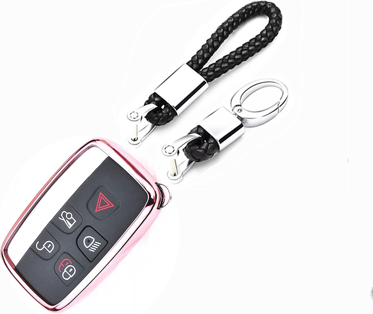 Autosleutelkoffers Afstandsbediening Cover voor Land Rover Range Rover Evoque Freelander Discovery TPU Siliconen Chroom sleutelkaft Handgeweven Touw Sleutelhanger. roze