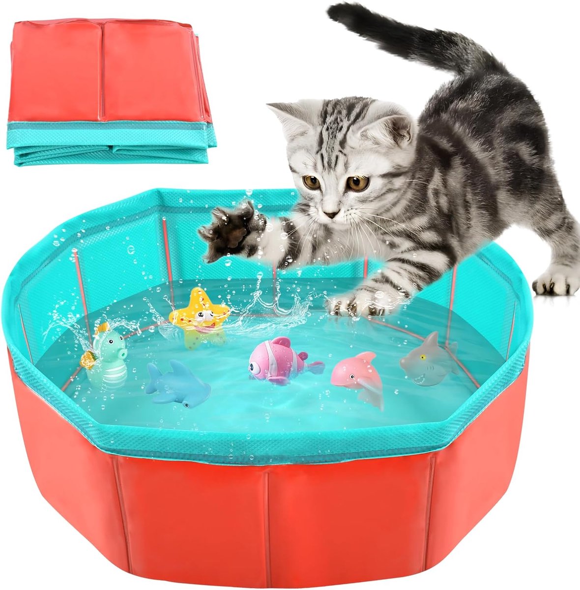Kattenzwembad voor katten, hondenzwembad voor katten, opvouwbaar kattenzwembad voor honden en katten, spelen in het water, baden en uitrusten (30 x 10 cm, rood)