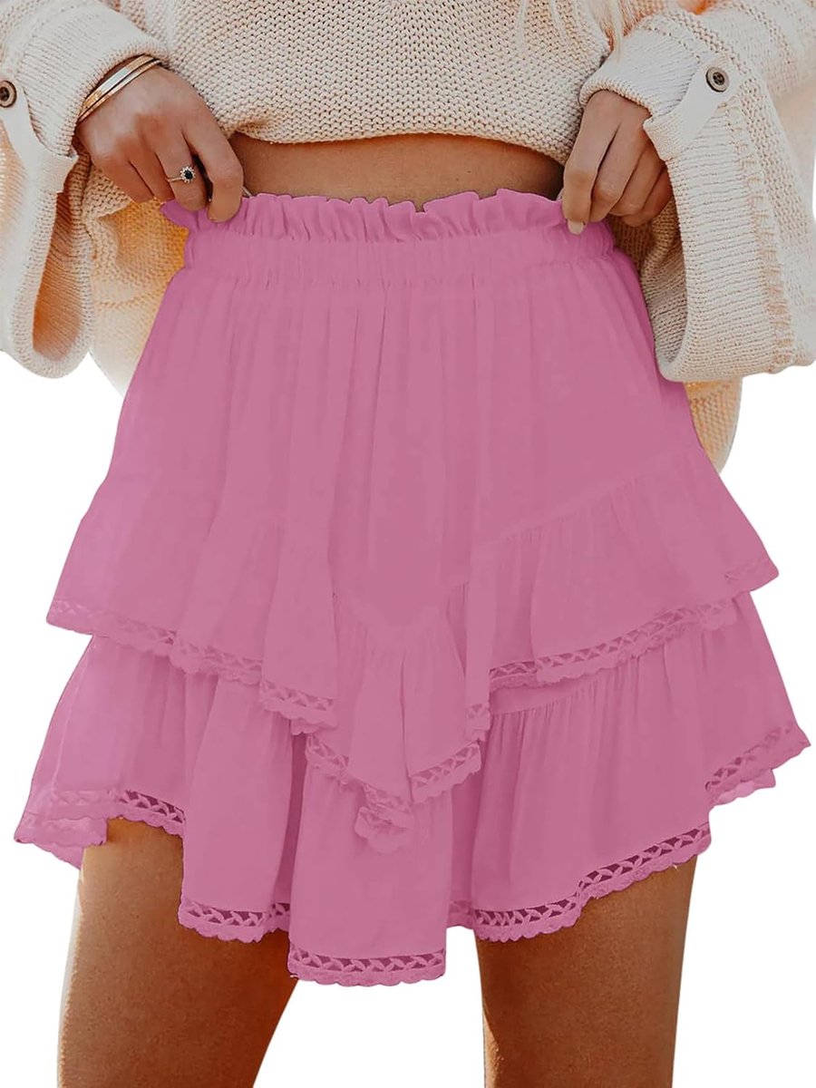 Zomerrok voor dames, hoge taille, met shorts, ruches, zomerrok, lichte elastische tailleband, broekrok, korte trapzoom, mini-skort