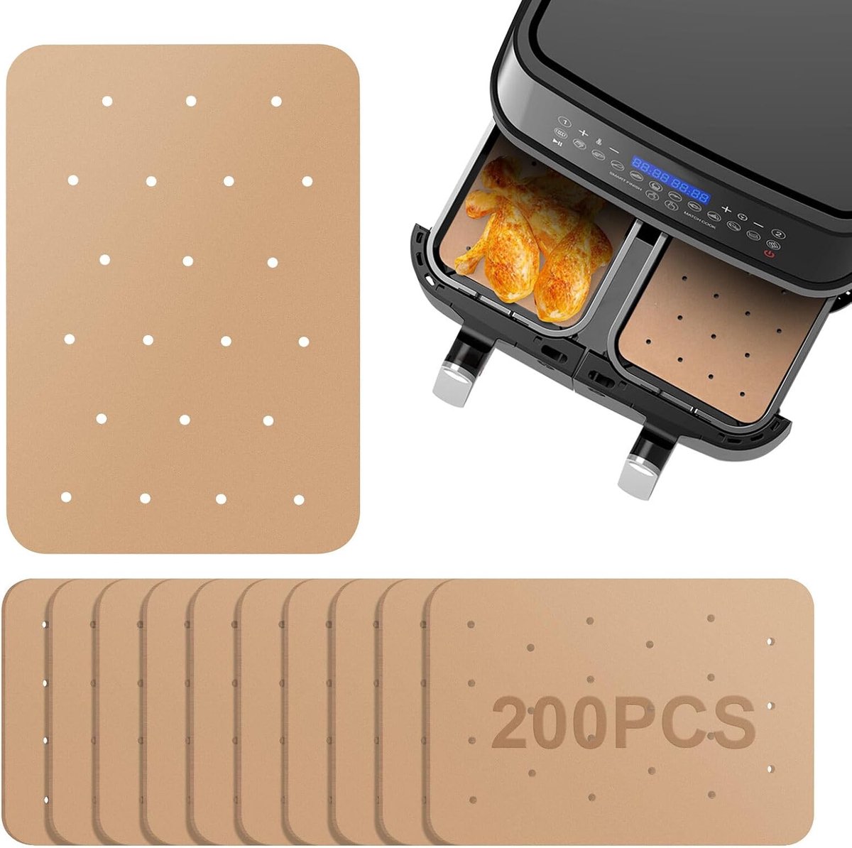 200 Stks Luchtfriteuse Papieren Voeringen, Luchtfriteuse Perkament Papier Voeringen voor Ninja Foodi Dual Luchtfriteuse, Nonstick Geperforeerd Perkamentpapier voor Ninja DZ201 DZ401 voor Luchtfriteuse
