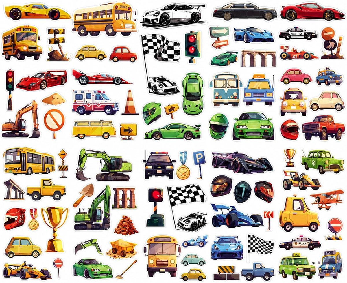 Tatoeages voor kinderen, set cartoonauto's, 10 vellen waterdichte tijdelijke tatoeages met auto's, vrachtwagens en bouwvoertuigen, geschikt voor jongensverjaardagen, kleuterschool en feestzakjes.
