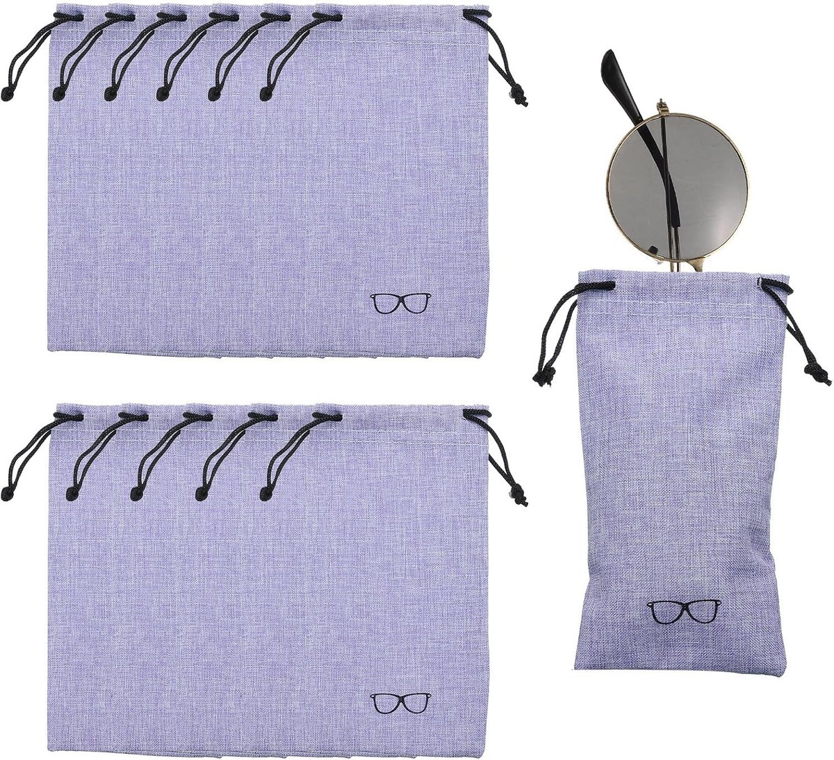 Set van 12 Linnen Brilhoezen, 7 x 9 cm, Draagbaar met Trekkoord voor Mobiele Telefoon, Krassenbestendige Opberging (Paars)