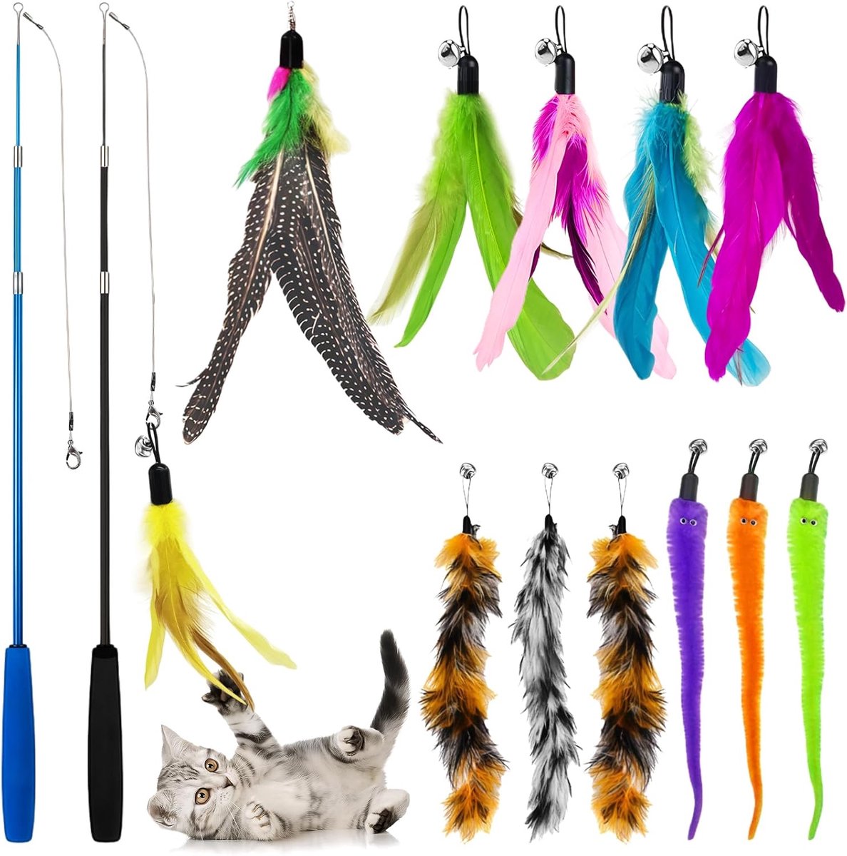 14-delige kattenveer teaserset, interactief kattenspeelgoed met 2 intrekbare kattenhengels en 12 stuks vervangingsspeelgoed voor binnenkatten en kittens, oefening, spelen, plezier