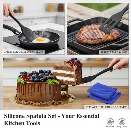 Spatels van siliconen en microvezeldoek, hittebestendig, smalle raclette- en koekjesschep, keukenspatel met gatdesign, zwart — afbeelding 4