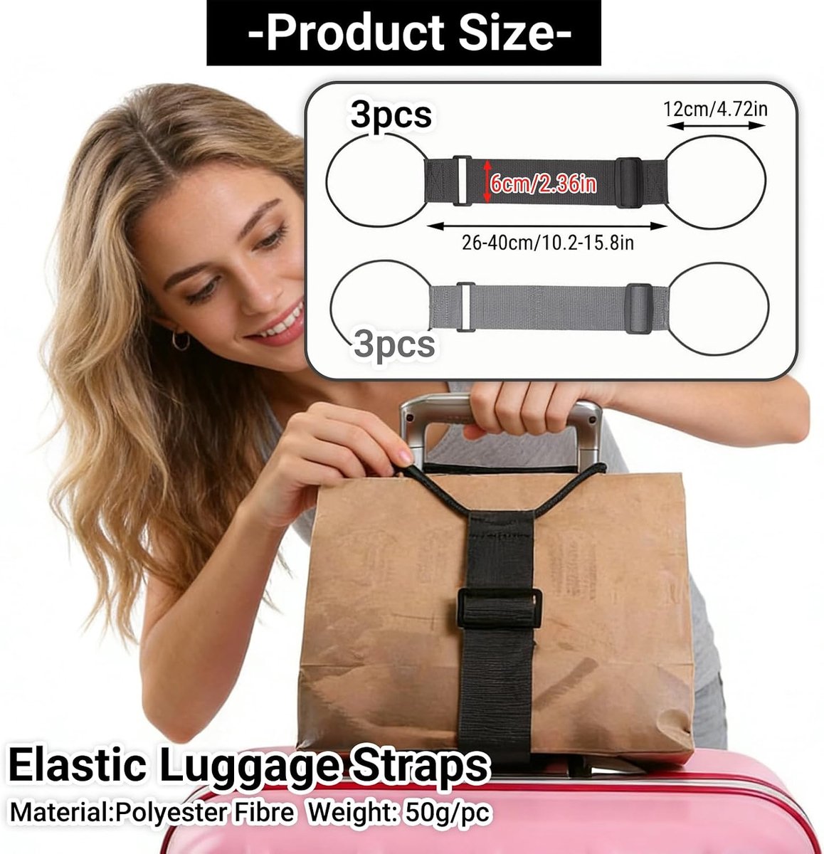 Bagagebanden Set van 6, verstelbare kofferriemen (3× zwart + 3× grijs), bagage bevestigingsriem van elastisch polyester voor handbagage, om rugzak tas of extra koffer veilig vast