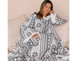 Fleece Deken met Mouwen - Plaid met Mouwen - Hoodie Deken - Hoodie Blanket - Huggle Hoodie - Snuggle Hoodie - Dekens - TV Deken - Wit met Grijs - Dames en Heren - Volwassenen - 180x130 cm - Noodpakket - Kerstcadeau - Snuggie Moment