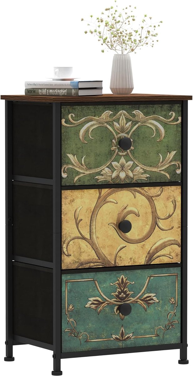 SnelShoppen - Narrow Chest of Drawers met 3 Stoffen Lades - Bohemian Stijl Opbergkast voor Slaapkamer, Woonkamer, Kinderkamer, Hal - Industrieel Desig