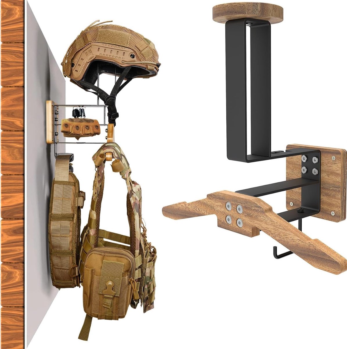 SnelShoppen - Motorcycle Helmet Mount Wandbeugel voor Tactical Gear, Helm Stand, Plate Carrier, Stevig Houten Wandrek, Organiser en Display voor Polit