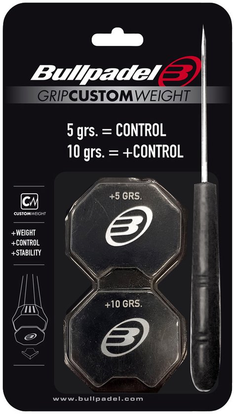 Bullpadel Custom Weight gripgewichtjes, 5 en 10 gram, met puntig gereedschap. Zwart en zilverkleurig.