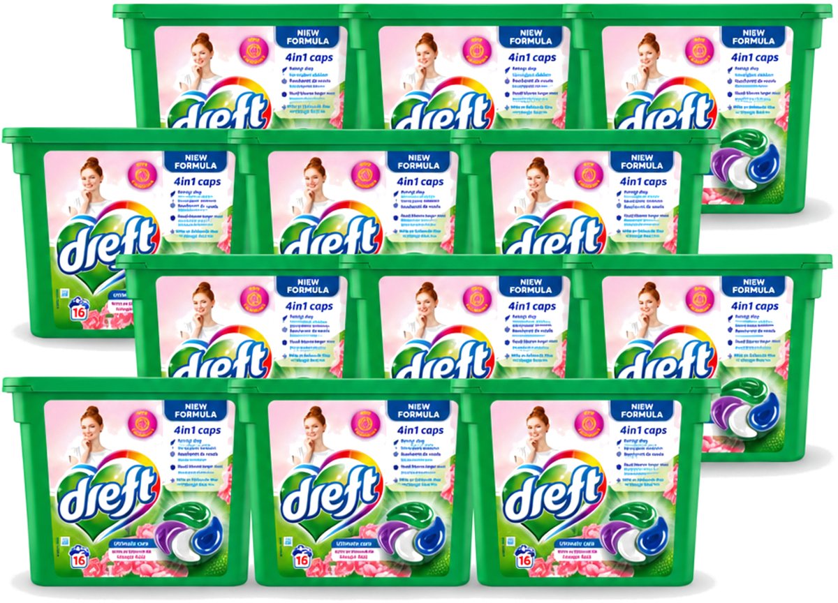 12 x Dreft - Nieuwe Formule - Wasmiddelcapsules 4in1 - Witte en Gekleurde Was - Vleugje Roze - 16 Wasbeurten - Voordeelverpakking - 12 stuks