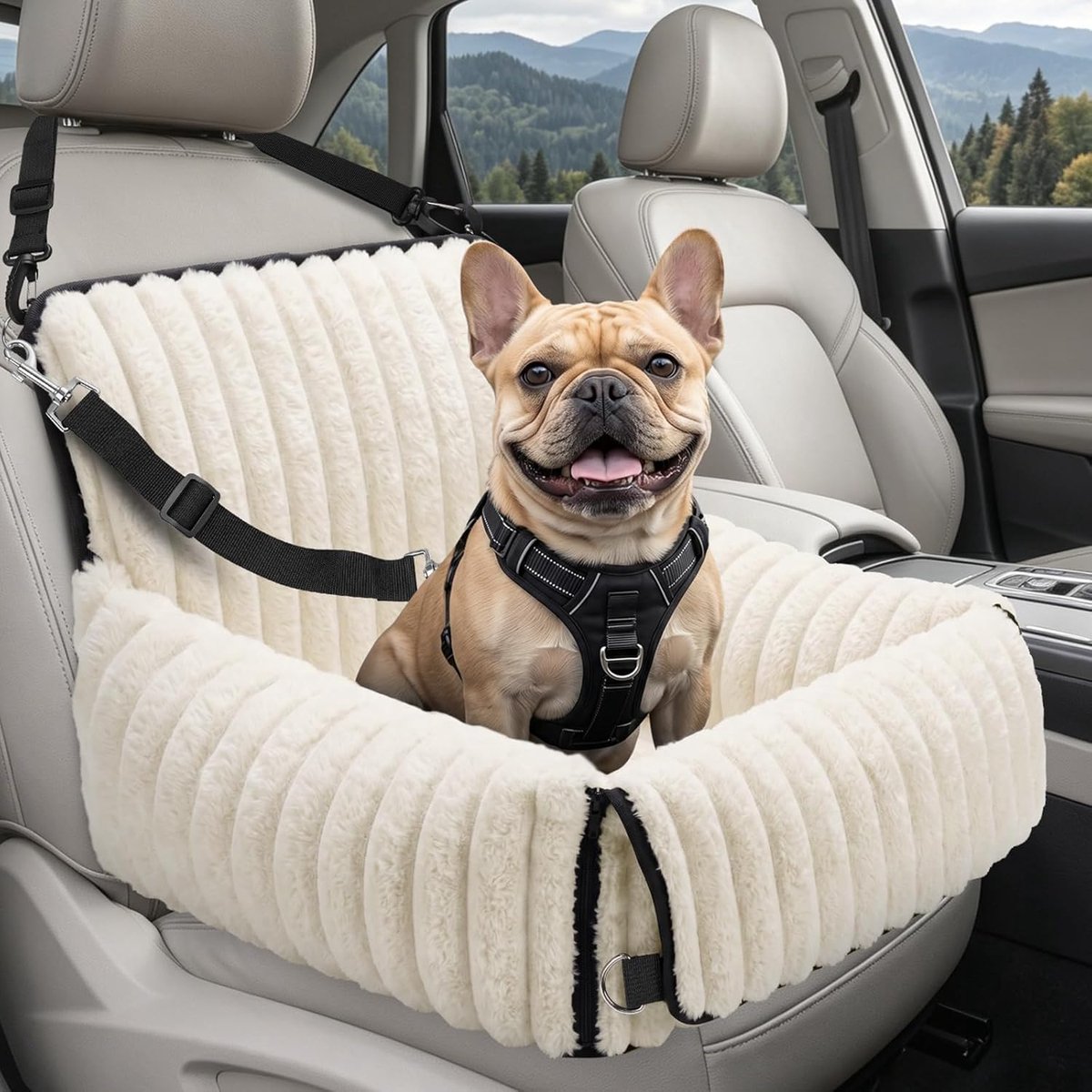 SnelShoppen - Hondenautostoel voor Kleine tot Middelgrote Honden, Afneembaar en Wasbaar, Met Plug-in Lijn, Verdikte Traagschuimvulling, Beige, Voorsto