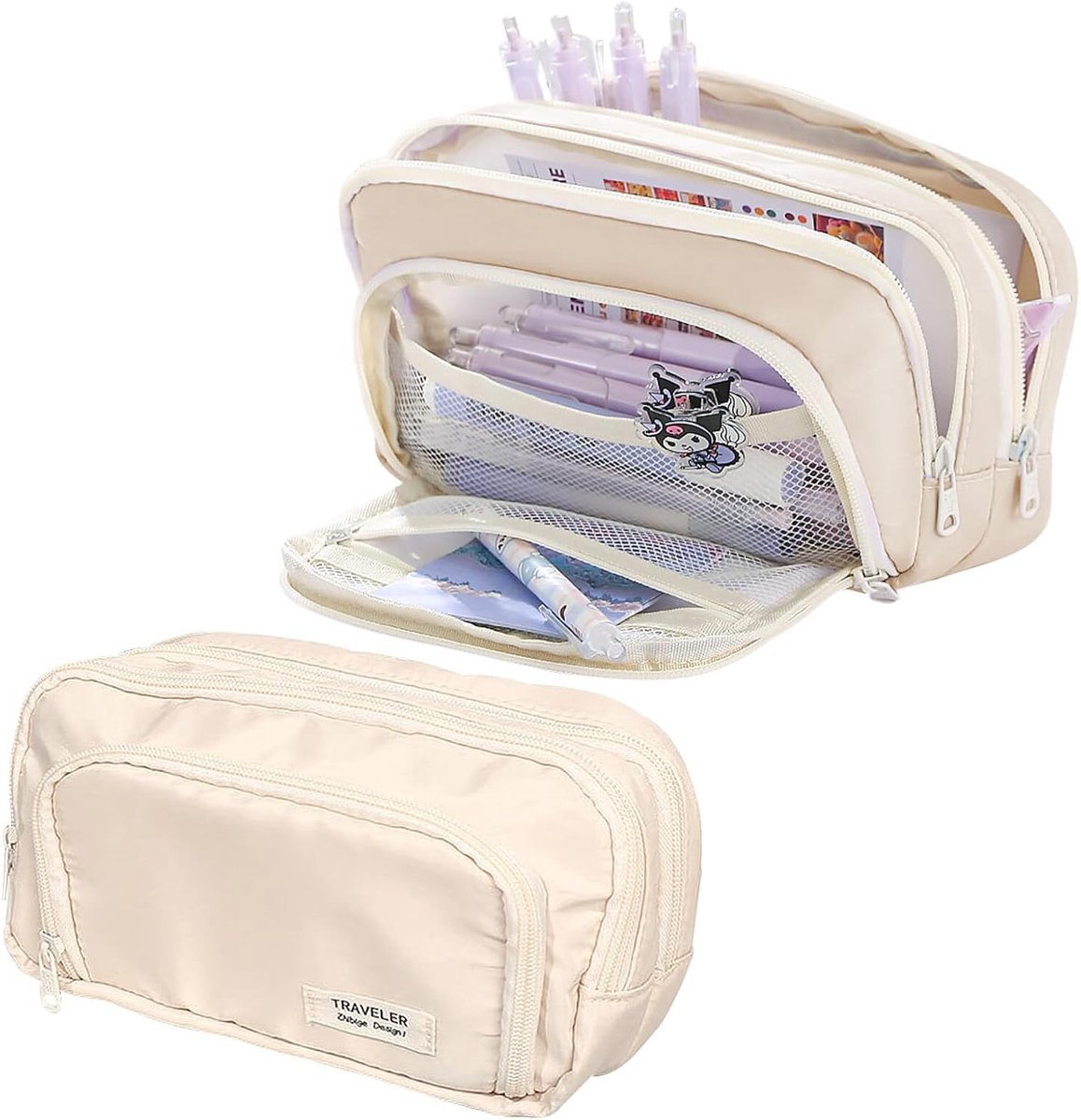 SnelShoppen - 3-Laags Grote Capaciteit Pennenbak - Aesthetic Organiser voor Kinderen, Jongens, Meisjes, Tieners, Studenten - Beige - 21 x 13 x 7 cm