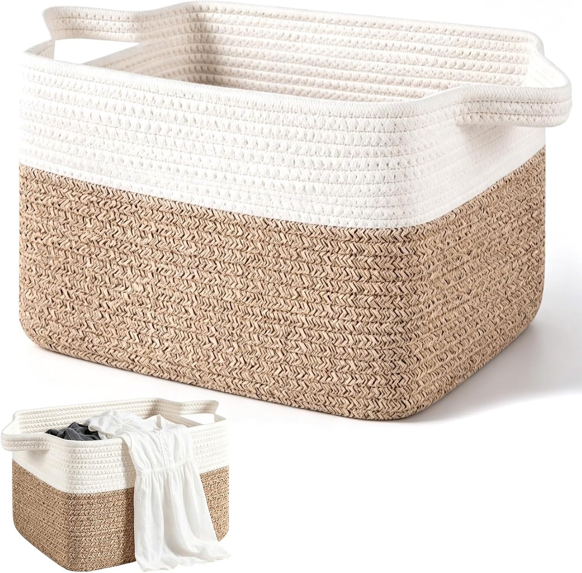 Opbergmand van katoenen touw, gevlochten wasmand met handgrepen, opvouwbaar, speelgoed- en dekmand, opslag voor kleding, dekens, woonkamer, slaapkamer, 48 x 34 x 28 cm (jute en wit)