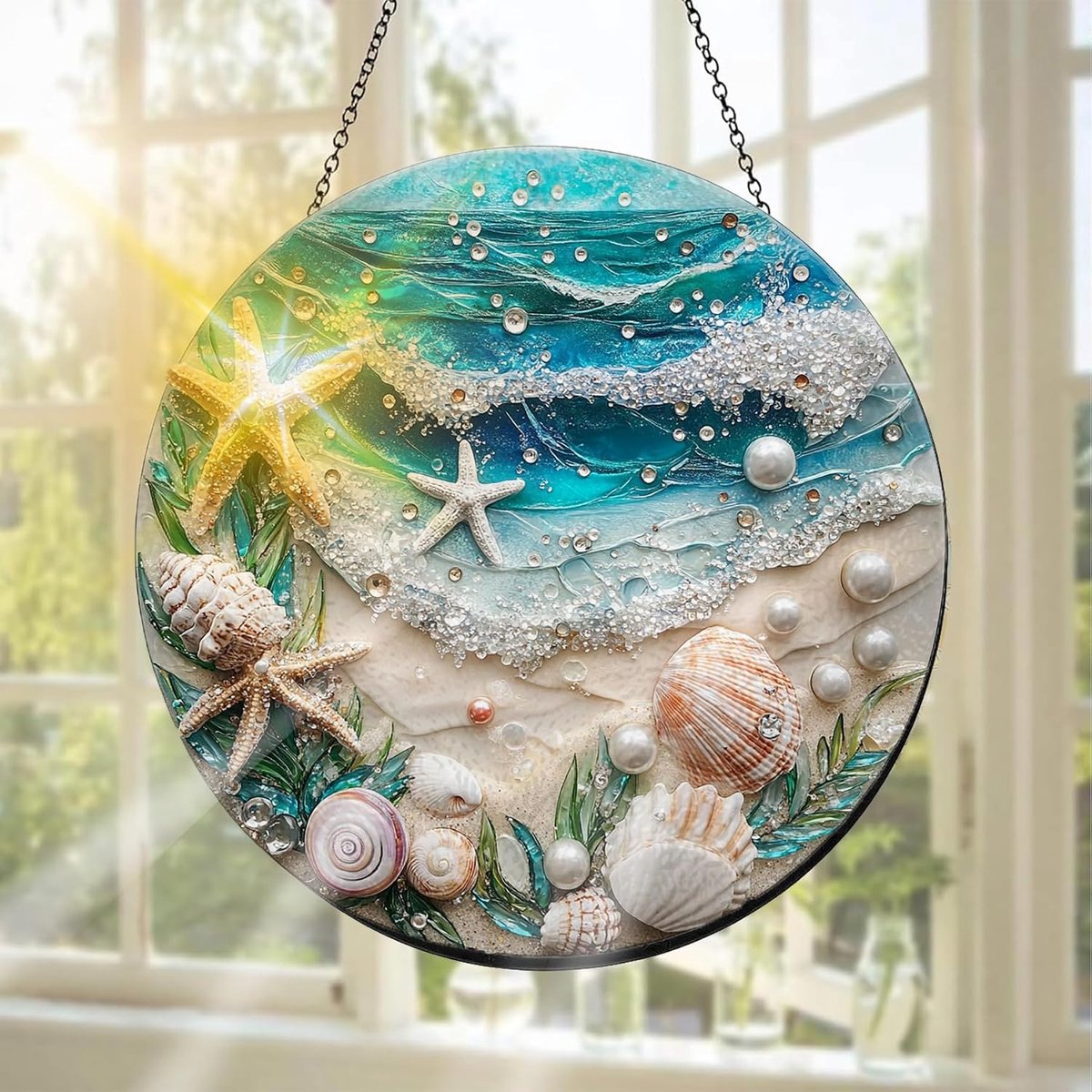 Glas-in-Lood Raamdecoratie, Ideaal Om Het Raam Mee Te Versieren Strand - Handgemaakte Raamdecoratie Voor Tuin, Raam, Binnen En Buiten, Kerstfeest, 20 X 20 cm