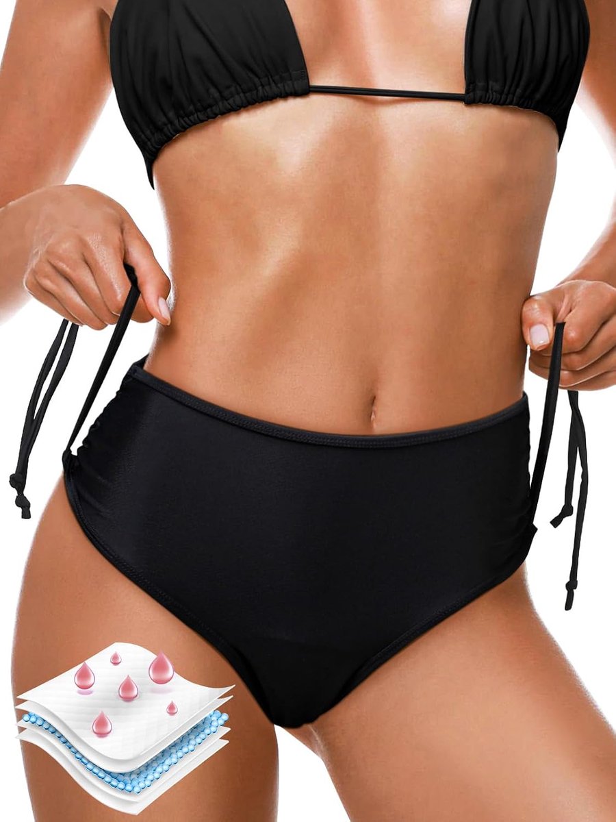 Badmode voor dames, 4 lagen, lekvrij, bikinibroek, hoge taille, menstruatie, badpak, zwart, tienermeisjes, menstruatie, zwembroek met trekkoord